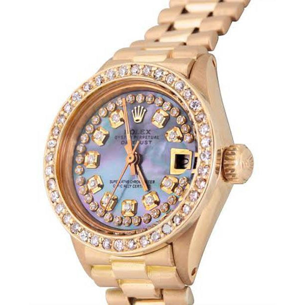 Bläulich-graue Mop-Zeichenfolge-Diamant-Zifferblatt-Damen-Rolex-Uhr aus Gelbgold1