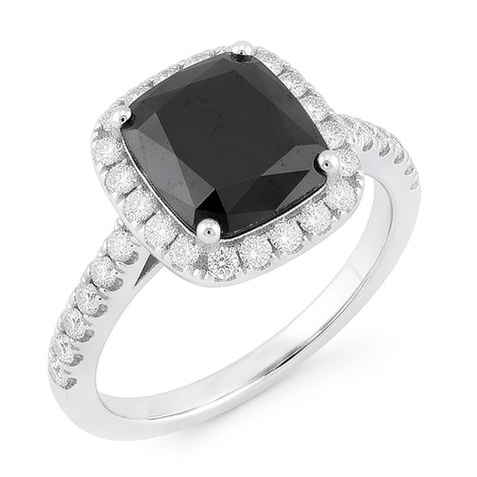 Verlobungsring mit schwarzem Diamanten 5 Karat Echter Radiant-Schliff Halo 14 Karat Weißgold