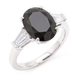 Dreistein-Ring aus 14 Karat Weißgold mit natürlichem schwarzem Diamanten, 3,6 Karat, Oval- und Baguetteschliff