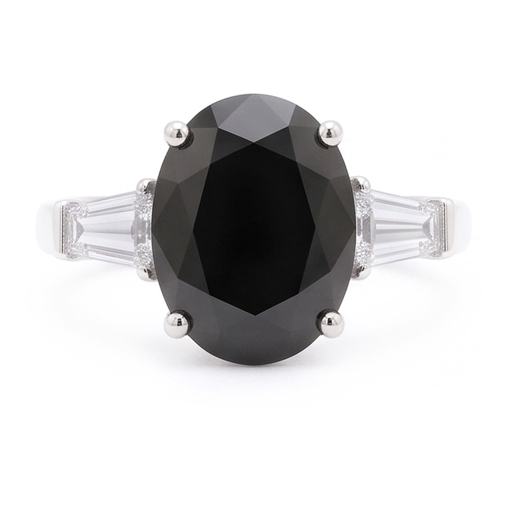 Dreistein-Ring aus 14 Karat Weißgold mit natürlichem schwarzem Diamanten, 3,6 Karat, Oval- und Baguetteschliff