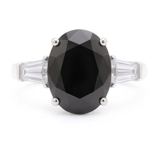 Dreistein-Ring aus 14 Karat Weißgold mit natürlichem schwarzem Diamanten, 3,6 Karat, Oval- und Baguetteschliff