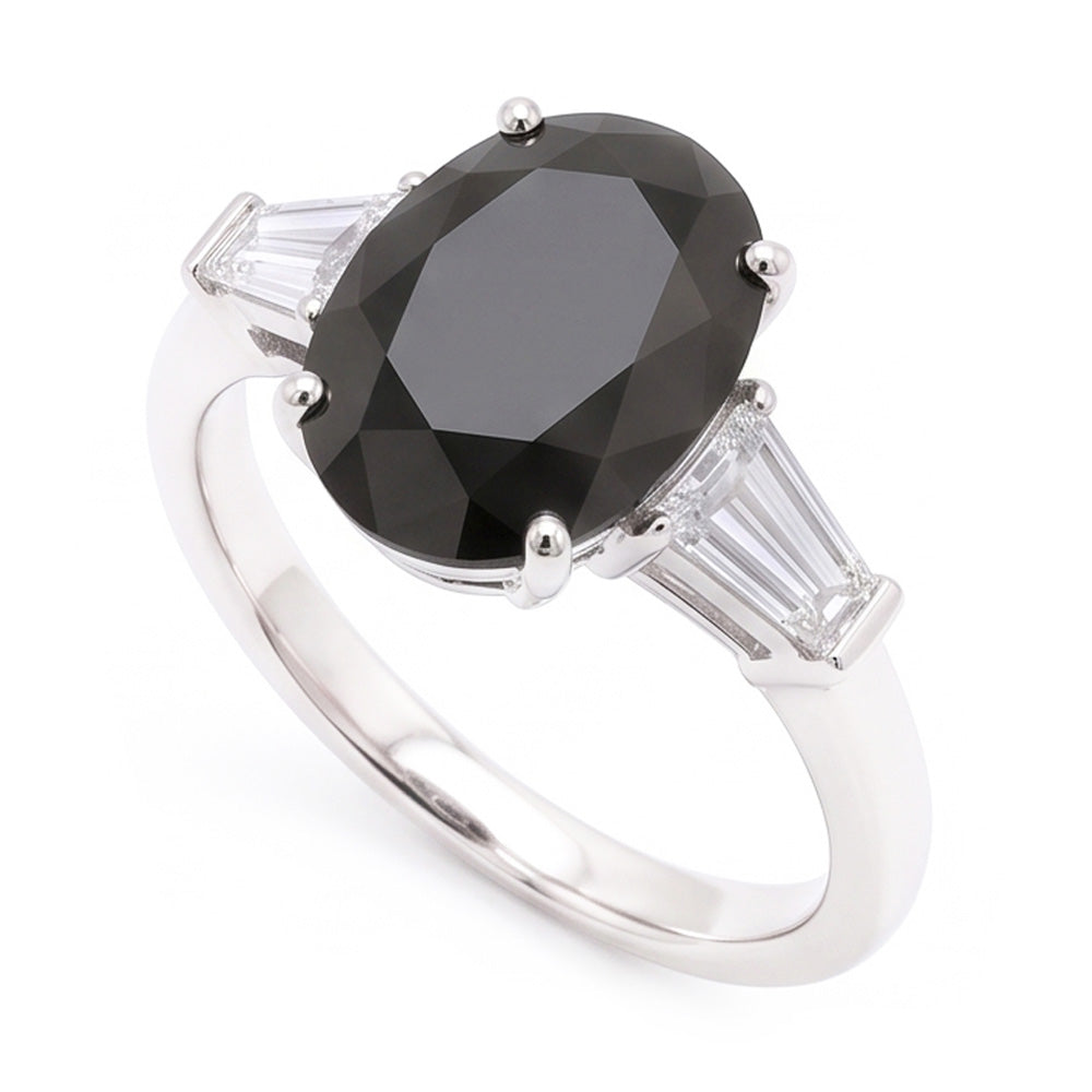 Dreistein-Ring aus 14 Karat Weißgold mit natürlichem schwarzem Diamanten, 3,6 Karat, Oval- und Baguetteschliff