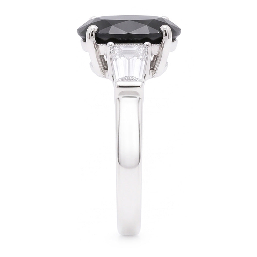 Dreistein-Ring aus 14 Karat Weißgold mit natürlichem schwarzem Diamanten, 3,6 Karat, Oval- und Baguetteschliff