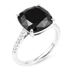 Schwarzer Diamantschmuck – Echter Solitärring im Kissenschliff, 6 Karat, 14 Karat Weißgold