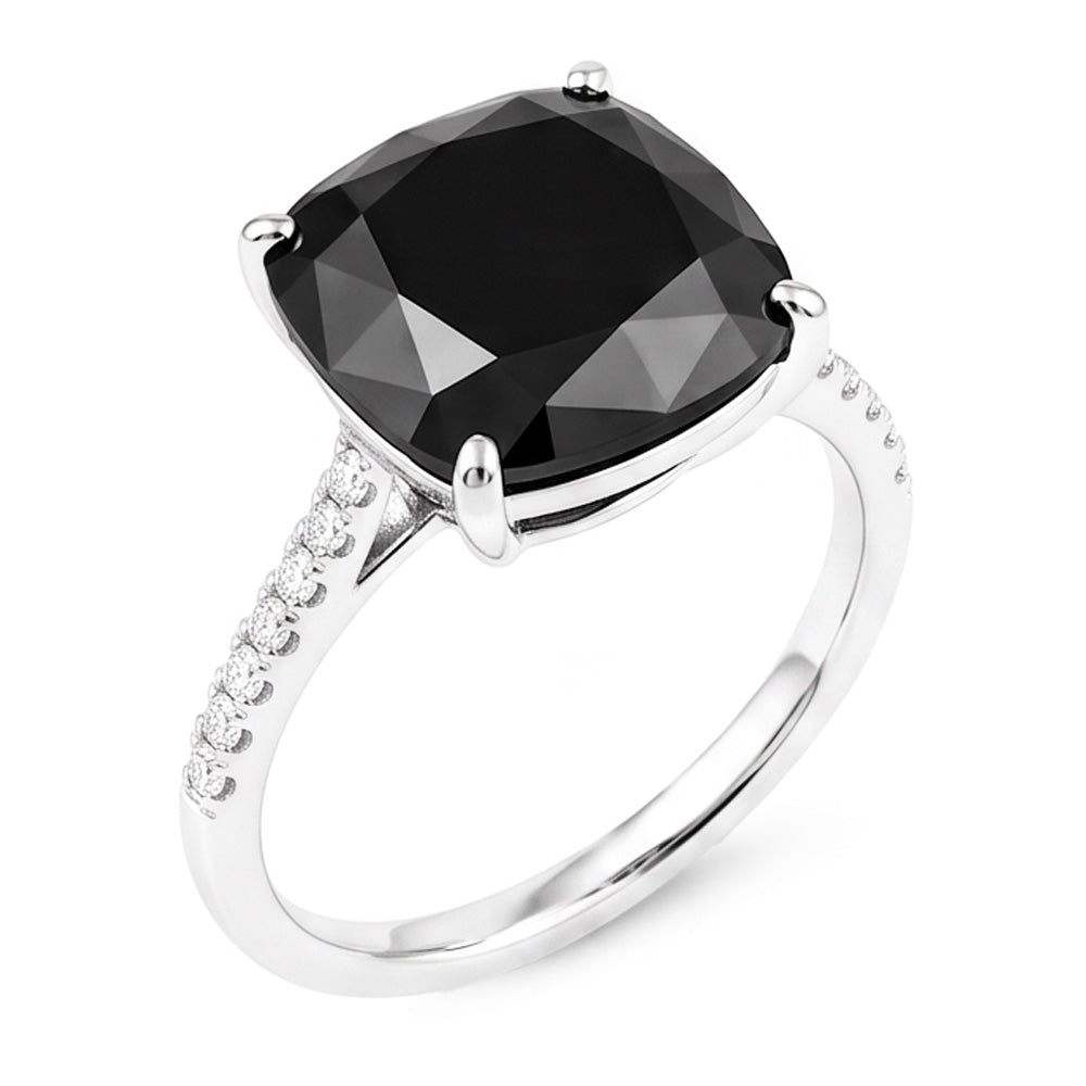 Schwarzer Diamantschmuck – Echter Solitärring im Kissenschliff, 6 Karat, 14 Karat Weißgold