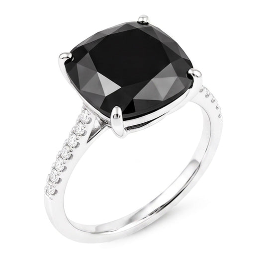 Schwarzer Diamantschmuck – Echter Solitärring im Kissenschliff, 6 Karat, 14 Karat Weißgold