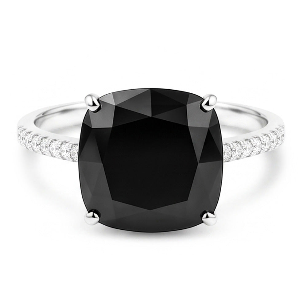 Schwarzer Diamantschmuck – Echter Solitärring im Kissenschliff, 6 Karat, 14 Karat Weißgold