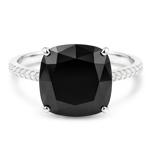 Schwarzer Diamantschmuck – Echter Solitärring im Kissenschliff, 6 Karat, 14 Karat Weißgold