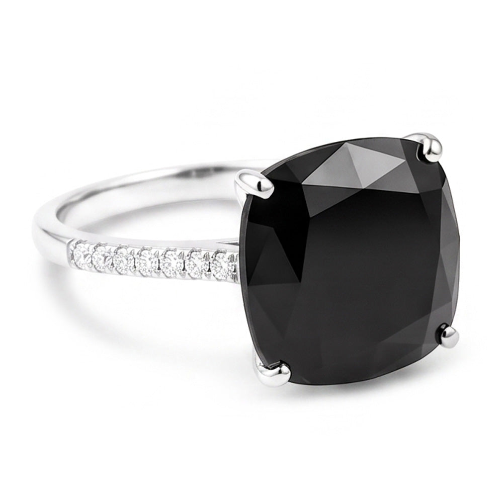 Schwarzer Diamantschmuck – Echter Solitärring im Kissenschliff, 6 Karat, 14 Karat Weißgold