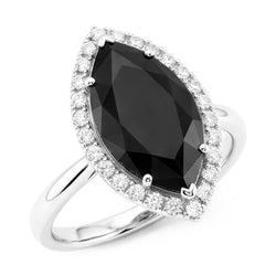 Antragsring mit schwarzem Diamanten, 3 Karat, echter Marquise Halo, 14 Karat Weißgold