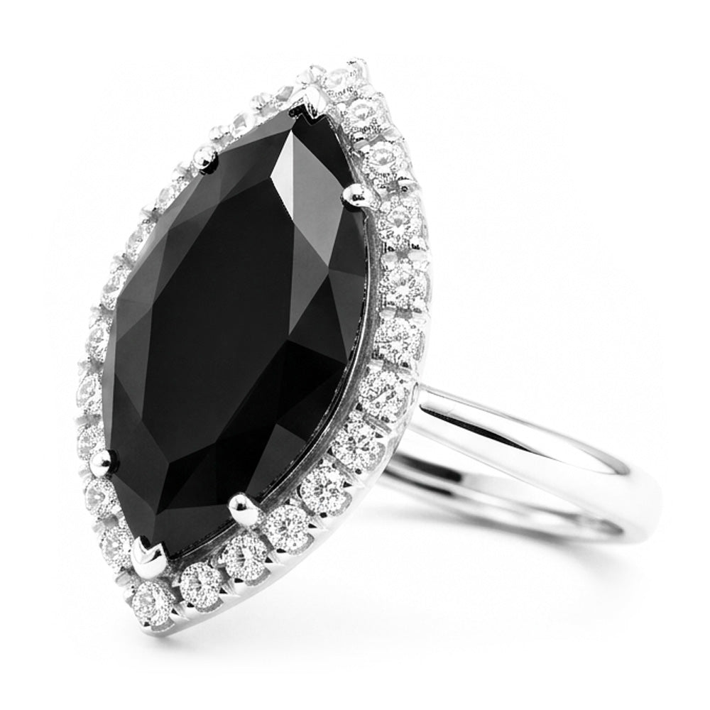 Antragsring mit schwarzem Diamanten, 3 Karat, echter Marquise Halo, 14 Karat Weißgold