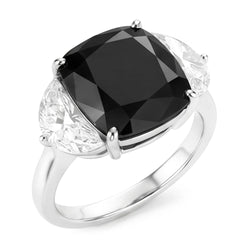 Verlobungsring mit schwarzem Diamanten, 4,6 Karat, natürlicher Kissenschliff, Halbmond, Dreistein, 14 Karat Weißgold