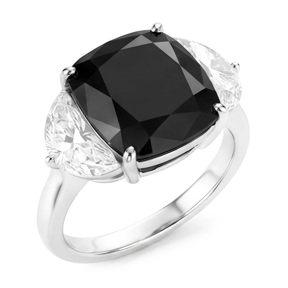 Verlobungsring mit schwarzem Diamanten, 4,6 Karat, natürlicher Kissenschliff, Halbmond, Dreistein, 14 Karat Weißgold