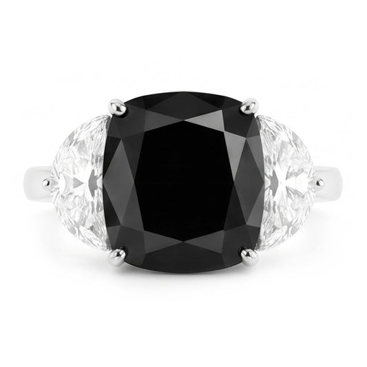 Verlobungsring mit schwarzem Diamanten, 4,6 Karat, natürlicher Kissenschliff, Halbmond, Dreistein, 14 Karat Weißgold