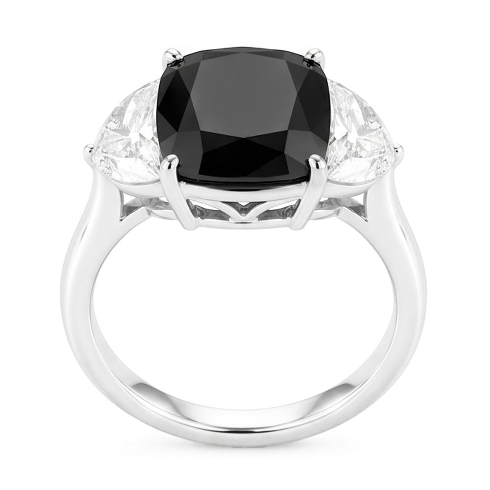 Verlobungsring mit schwarzem Diamanten, 4,6 Karat, natürlicher Kissenschliff, Halbmond, Dreistein, 14 Karat Weißgold