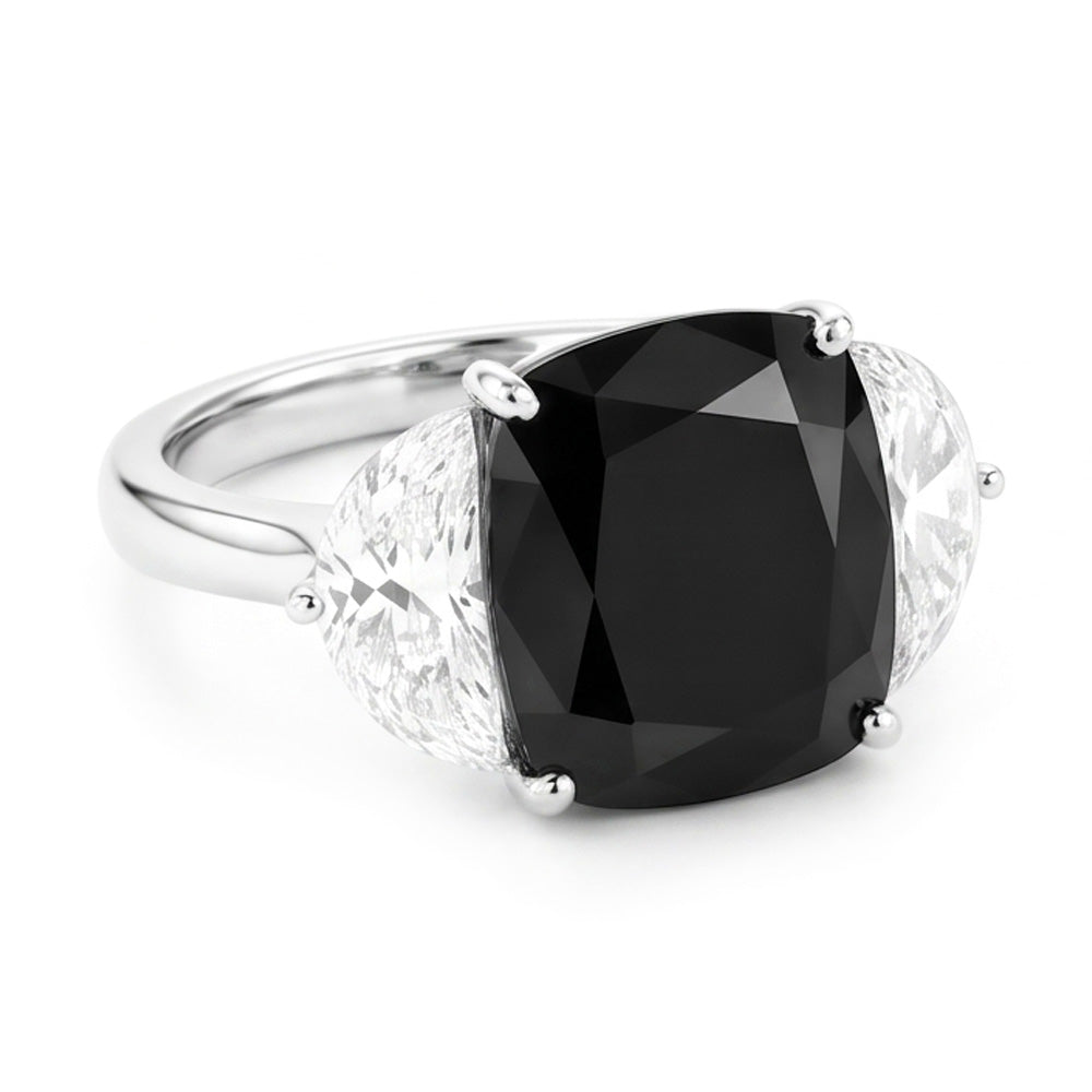 Verlobungsring mit schwarzem Diamanten, 4,6 Karat, natürlicher Kissenschliff, Halbmond, Dreistein, 14 Karat Weißgold