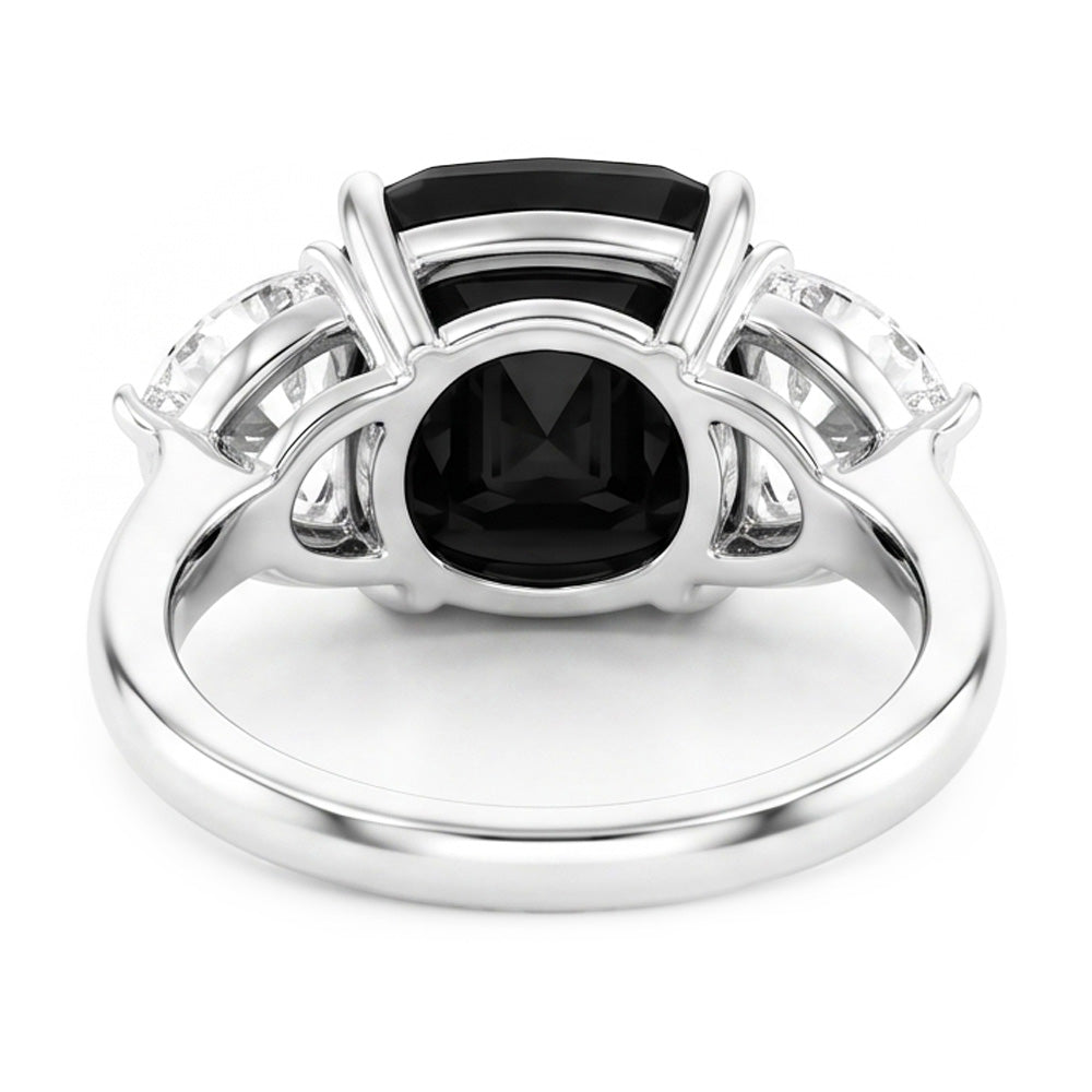 Verlobungsring mit schwarzem Diamanten, 4,6 Karat, natürlicher Kissenschliff, Halbmond, Dreistein, 14 Karat Weißgold