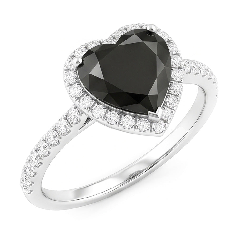 Verlobungsring mit schwarzem Diamant 4 Karat Natürliches Herz Halo Pavé 14 Karat Weißgold