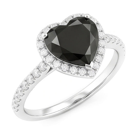 Verlobungsring mit schwarzem Diamant 4 Karat Natürliches Herz Halo Pavé 14 Karat Weißgold
