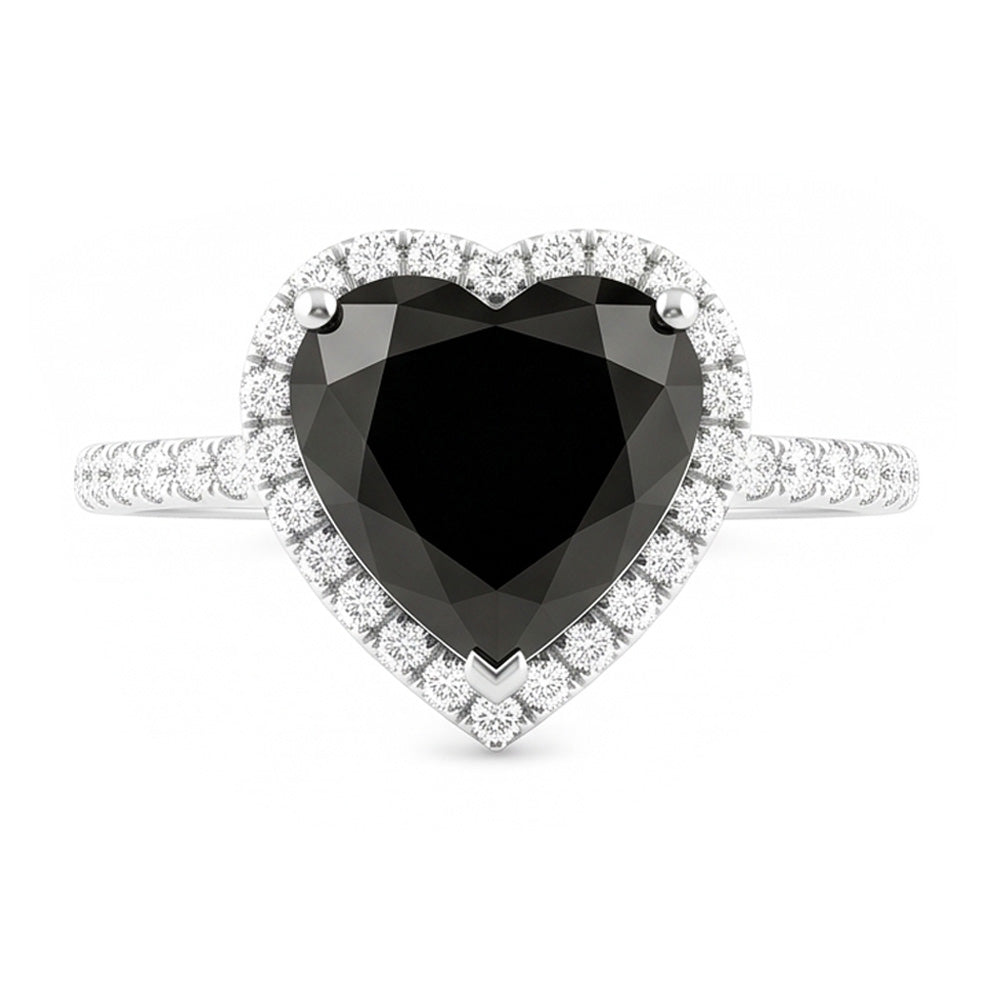 Verlobungsring mit schwarzem Diamant 4 Karat Natürliches Herz Halo Pavé 14 Karat Weißgold