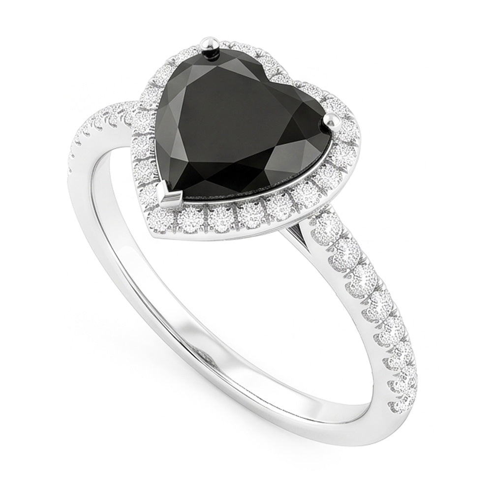 Verlobungsring mit schwarzem Diamant 4 Karat Natürliches Herz Halo Pavé 14 Karat Weißgold