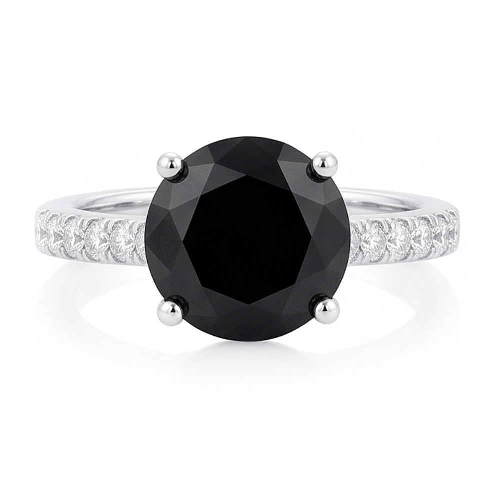 Verlobungsring mit schwarzem Diamanten 5 Karat Natürlicher runder Pavé-Solitär 14 Karat Weißgold
