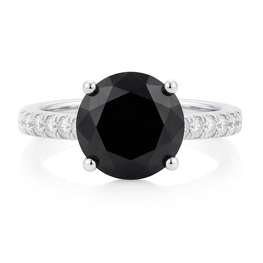 Verlobungsring mit schwarzem Diamanten 5 Karat Natürlicher runder Pavé-Solitär 14 Karat Weißgold