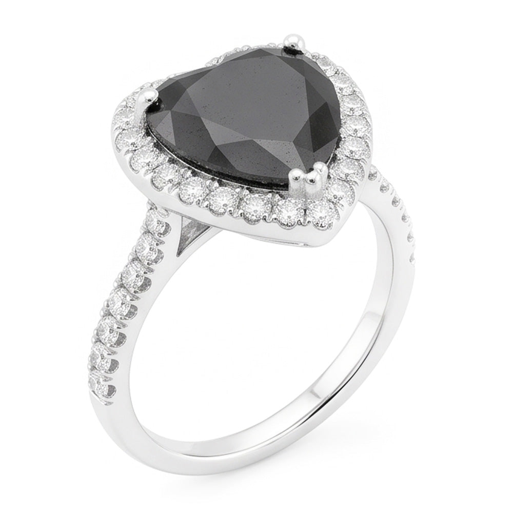 Verlobungsring mit schwarzem Diamanten 6 Karat natürlicher Herz-Halo 14 Karat Weißgold