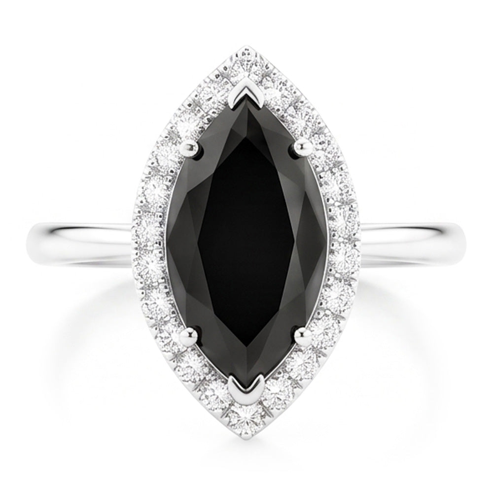 Schwarzer Diamantring 11 Karat Echter Marquise Halo 14 Karat Weißgold