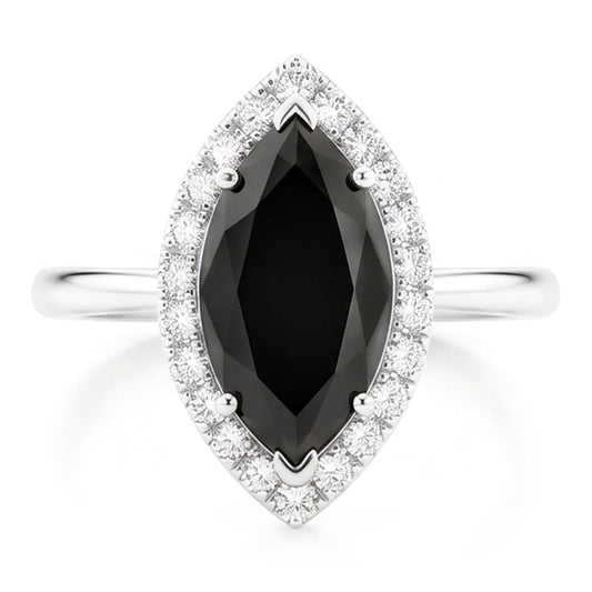 Schwarzer Diamantring 11 Karat Echter Marquise Halo 14 Karat Weißgold