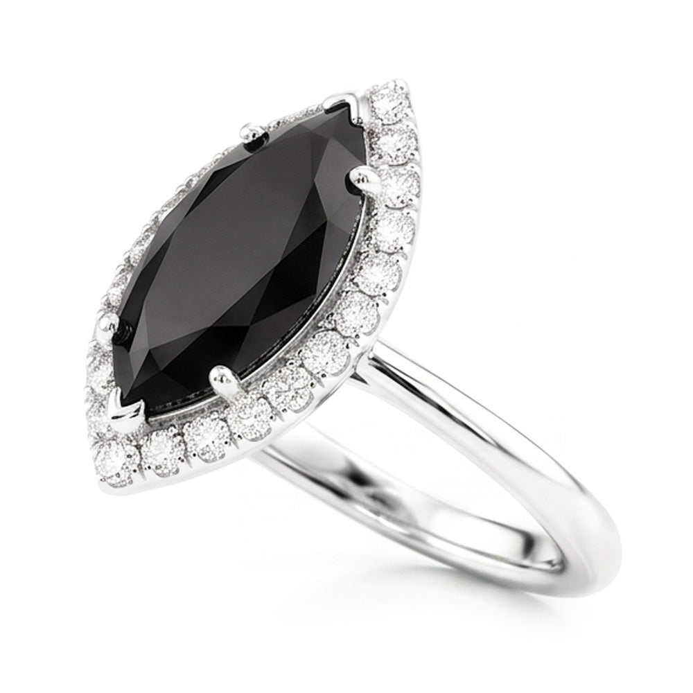 Schwarzer Diamantring 11 Karat Echter Marquise Halo 14 Karat Weißgold