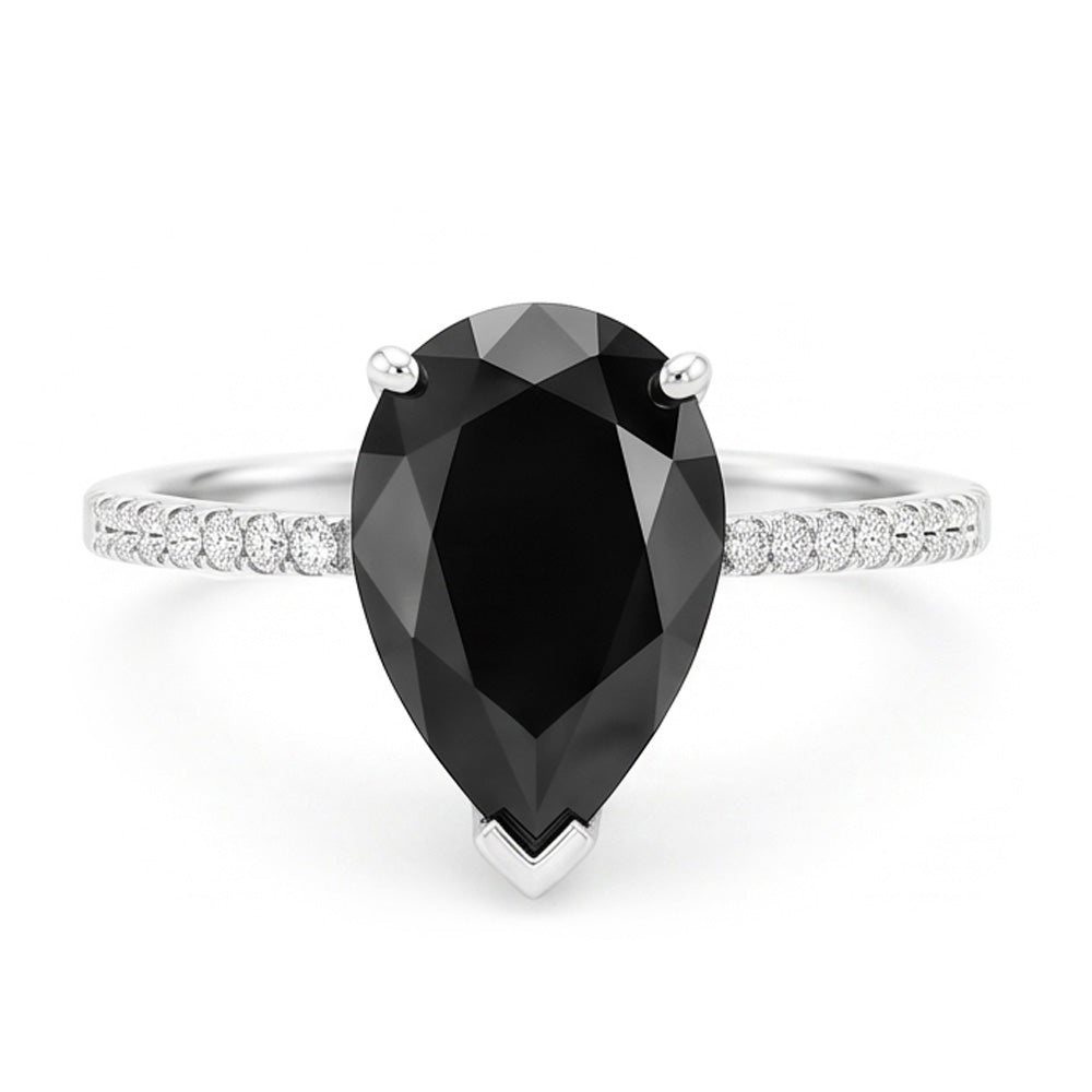 Schwarzer Diamantring 5 Karat Natürlicher Tropfenschliff Pavé Solitär 14 Karat Weißgold