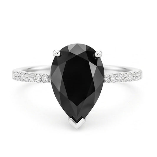 Schwarzer Diamantring 5 Karat Natürlicher Tropfenschliff Pavé Solitär 14 Karat Weißgold