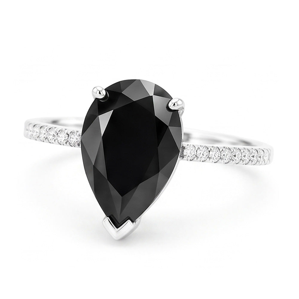 Schwarzer Diamantring 5 Karat Natürlicher Tropfenschliff Pavé Solitär 14 Karat Weißgold