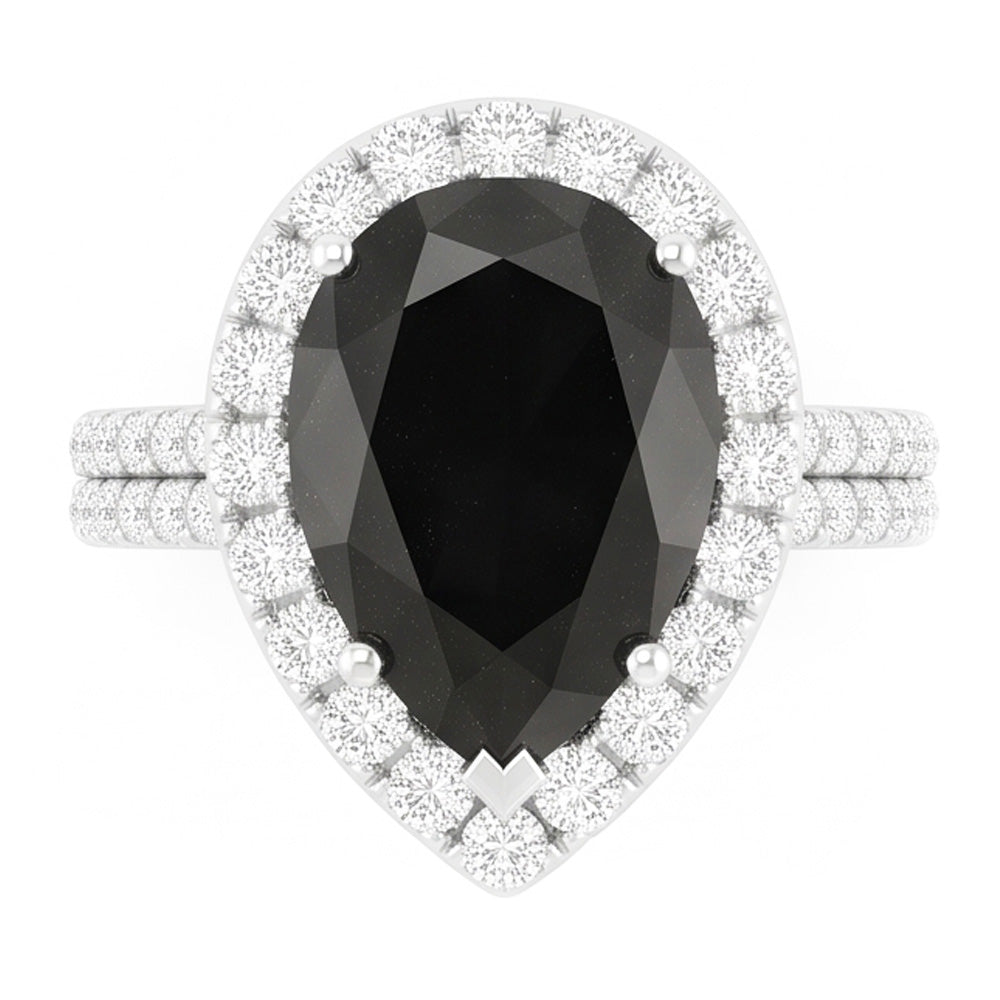 Schwarzer Diamantring 6 Karat Natürlicher Tropfenschliff Halo 14 Karat Weißgold