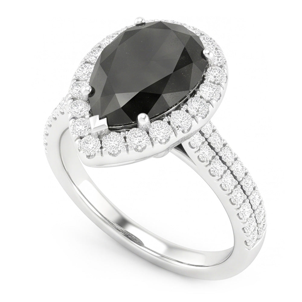 Schwarzer Diamantring 6 Karat Natürlicher Tropfenschliff Halo 14 Karat Weißgold