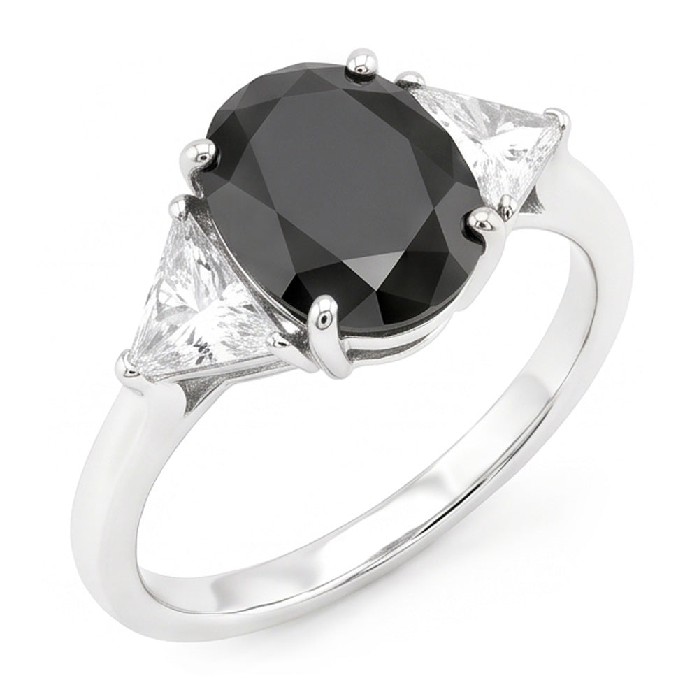 Schwarzer Damen-Verlobungsring 3,6 Karat natürlicher ovaler Diamant Trillant Drei-Stein 14 Karat Weißgold