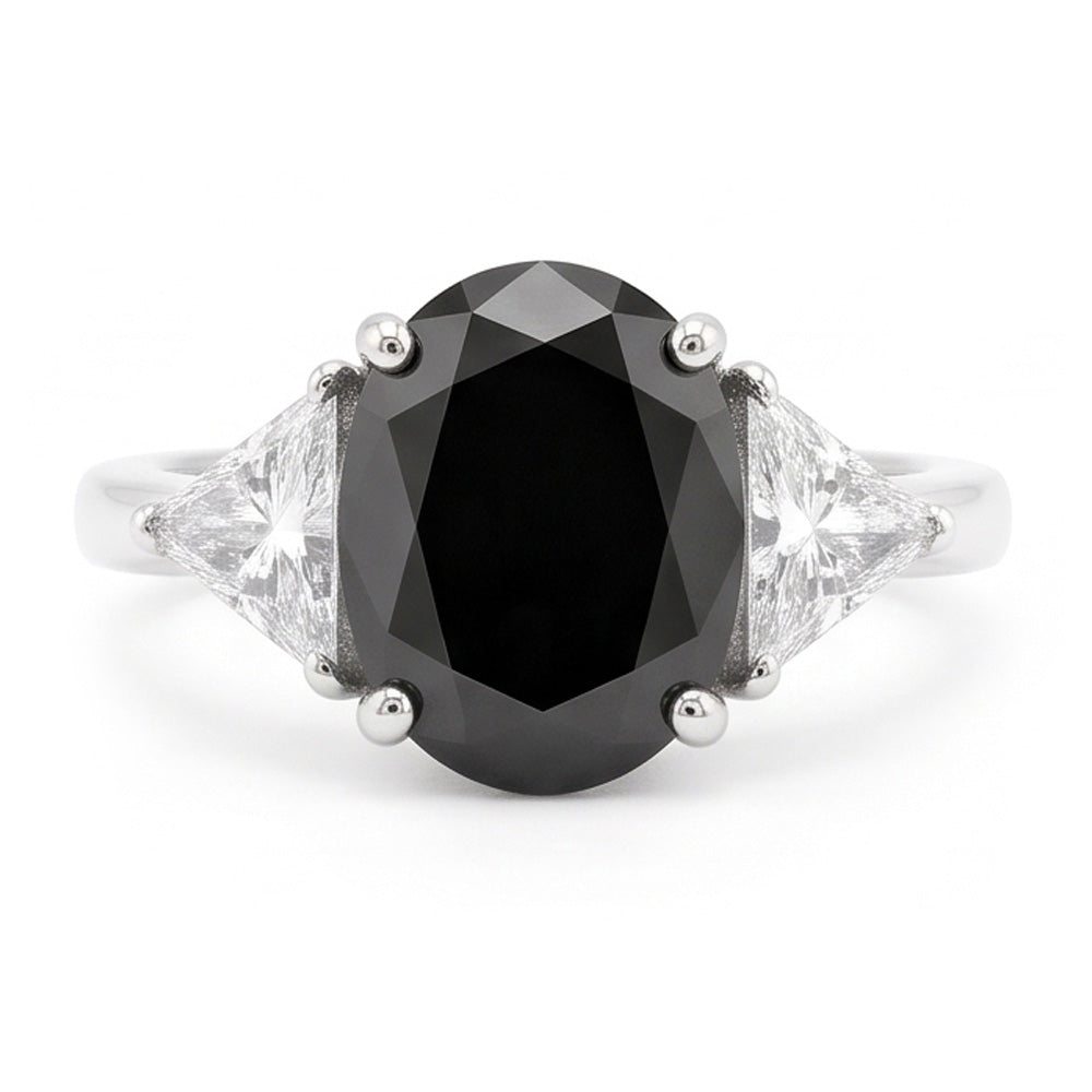Schwarzer Damen-Verlobungsring 3,6 Karat natürlicher ovaler Diamant Trillant Drei-Stein 14 Karat Weißgold