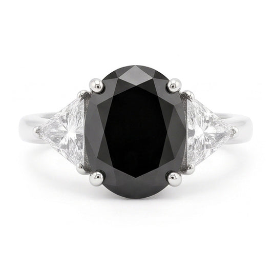 Schwarzer Damen-Verlobungsring 3,6 Karat natürlicher ovaler Diamant Trillant Drei-Stein 14 Karat Weißgold