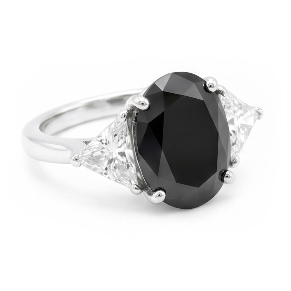 Schwarzer Damen-Verlobungsring 3,6 Karat natürlicher ovaler Diamant Trillant Drei-Stein 14 Karat Weißgold