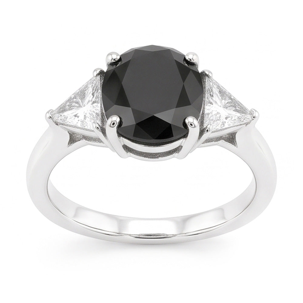 Schwarzer Damen-Verlobungsring 3,6 Karat natürlicher ovaler Diamant Trillant Drei-Stein 14 Karat Weißgold