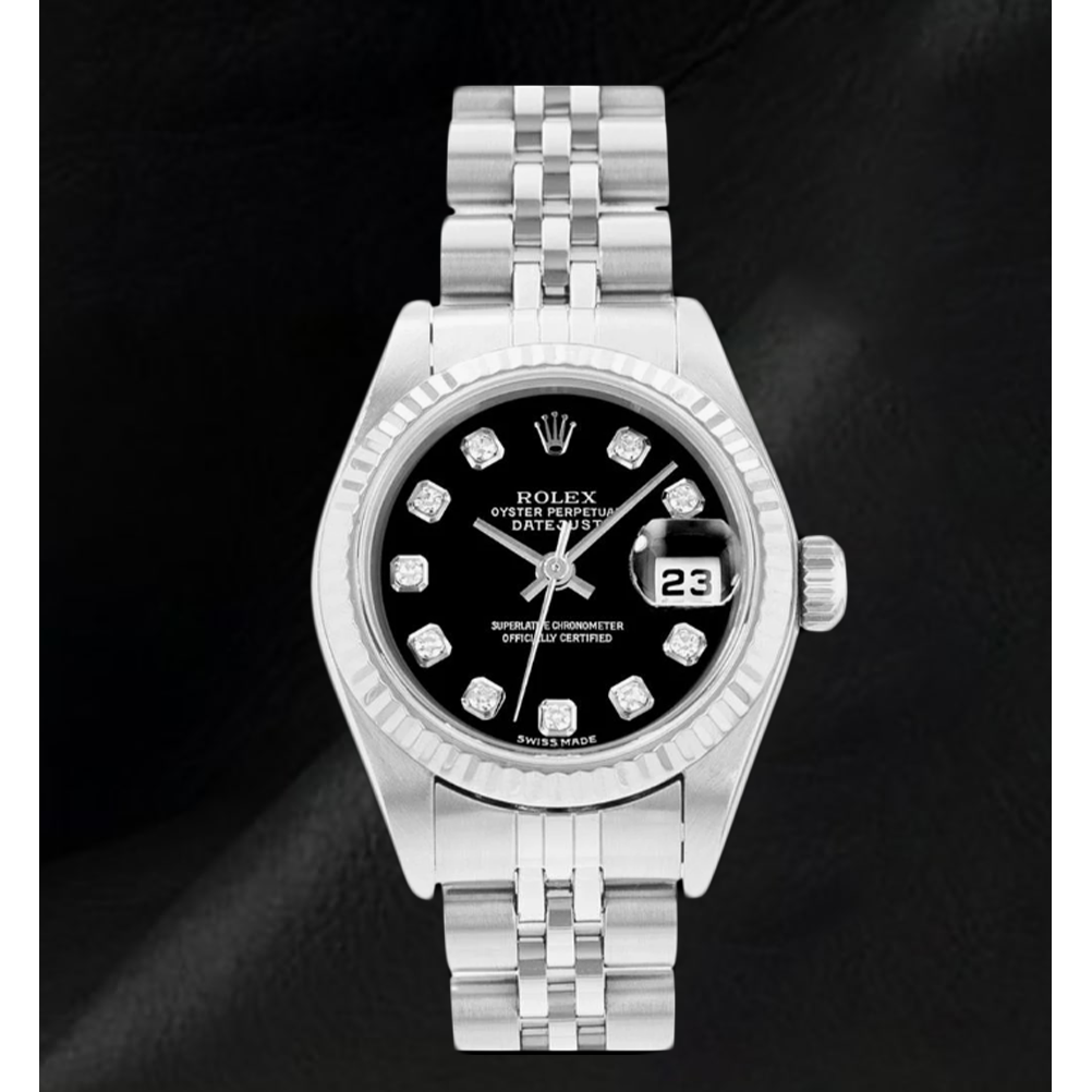 Rolex Datejust 26 mm Damenuhr mit schwarzem Diamantzifferblatt, Jahr 2002