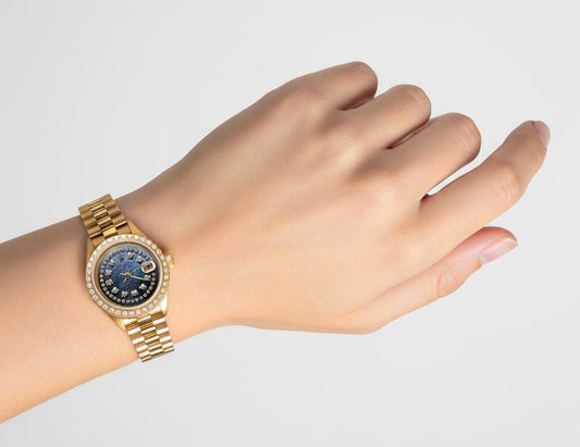 Blau Mop Zeichenfolge Diamant Zifferblatt Rolex Datejust Präsidial Betrachten Lünette P2