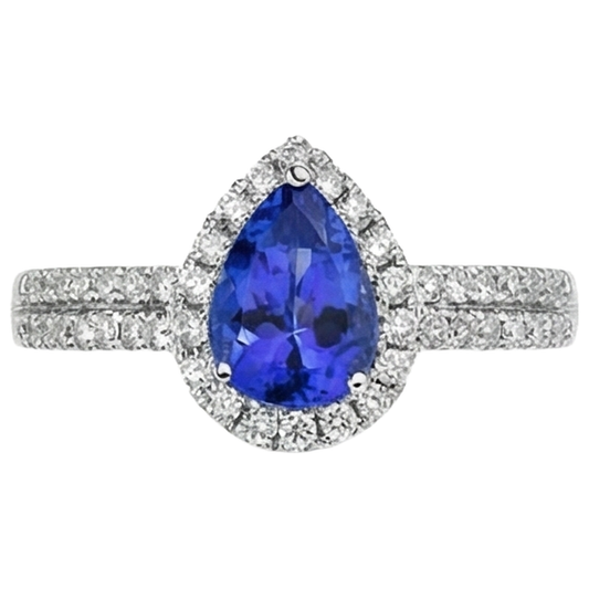 Blaue Birnenform Tansanit und runde Aus der Erde Abgebauter Natürlicher Diamanten 4,75 ct Ring 14K Gold