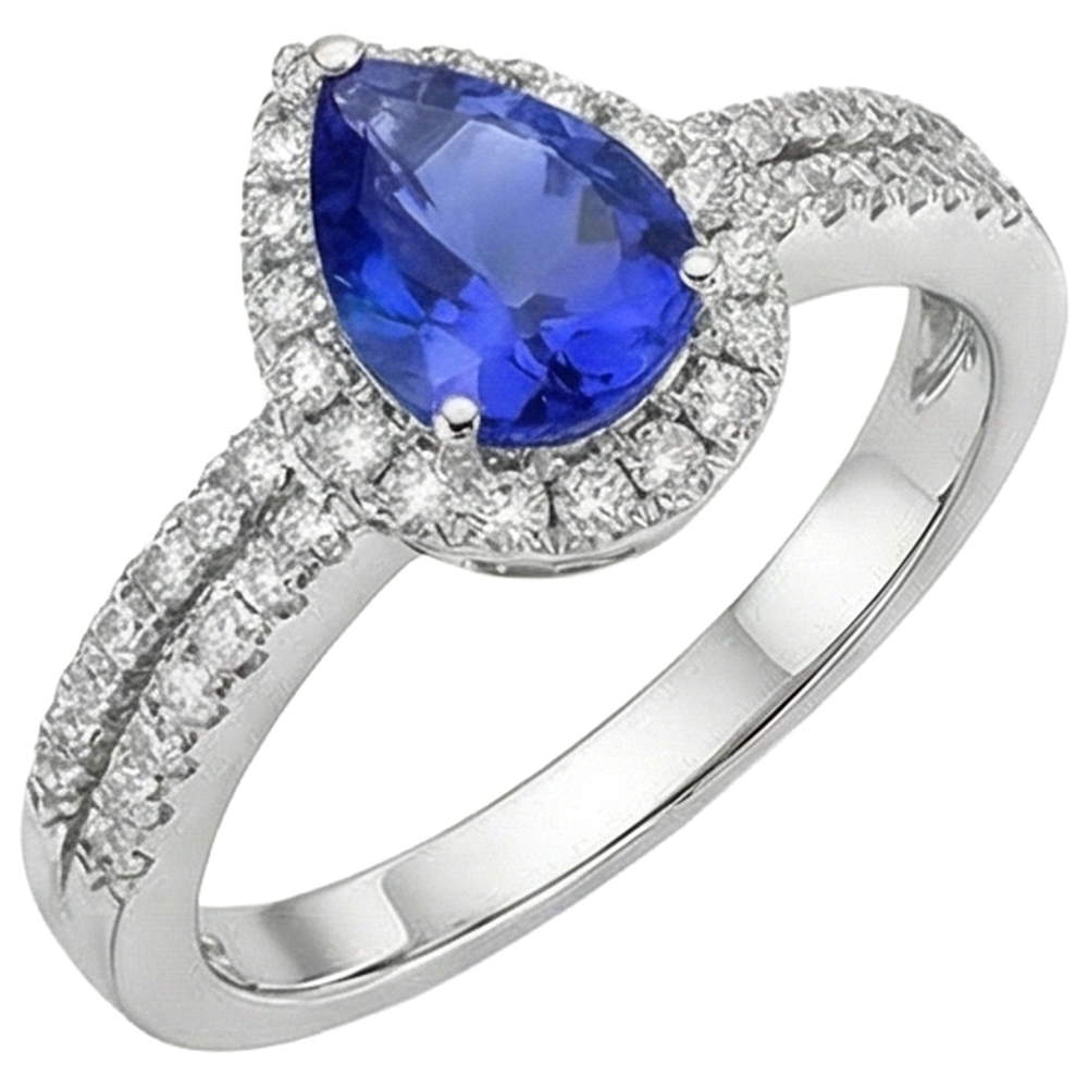 Blaue Birnenform Tansanit und runde Aus der Erde Abgebauter Natürlicher Diamanten 4,75 ct Ring 14K Gold