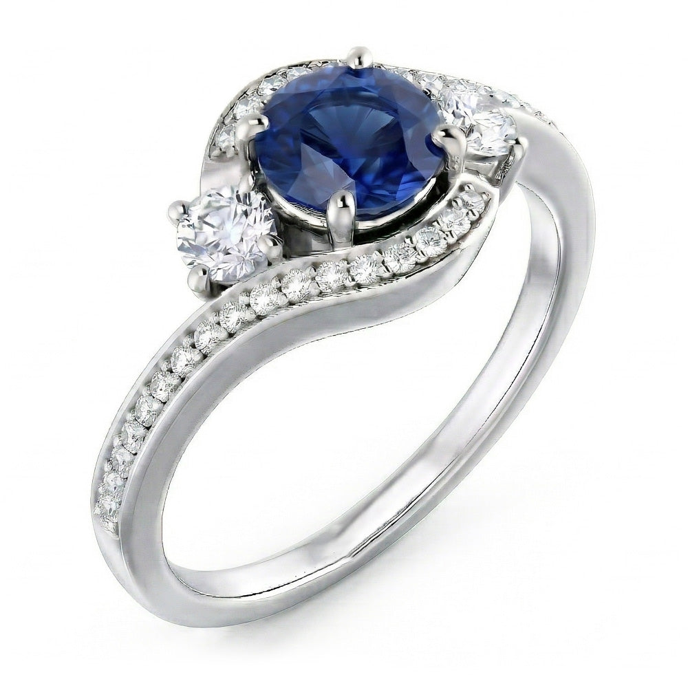 Blauer Ceylon Saphir Aus der Erde Abgebauter Natürlicher Diamant Ring Weiß Gold 14K
