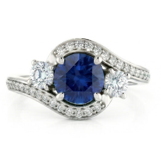 Blauer Ceylon Saphir Aus der Erde Abgebauter Natürlicher Diamant Ring Weiß Gold 14K