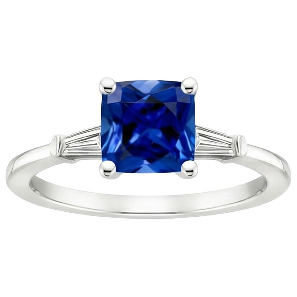 Blauer Kissen Saphir & Baguette Aus der Erde Abgebauter Natürlicher Diamanten 3 Stein Ring 2,75 Karat Neu