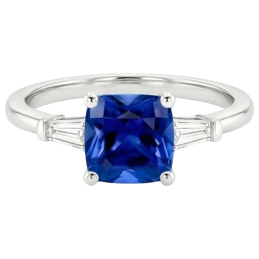 Blauer Kissen Saphir & Baguette Aus der Erde Abgebauter Natürlicher Diamanten 3 Stein Ring 2,75 Karat Neu