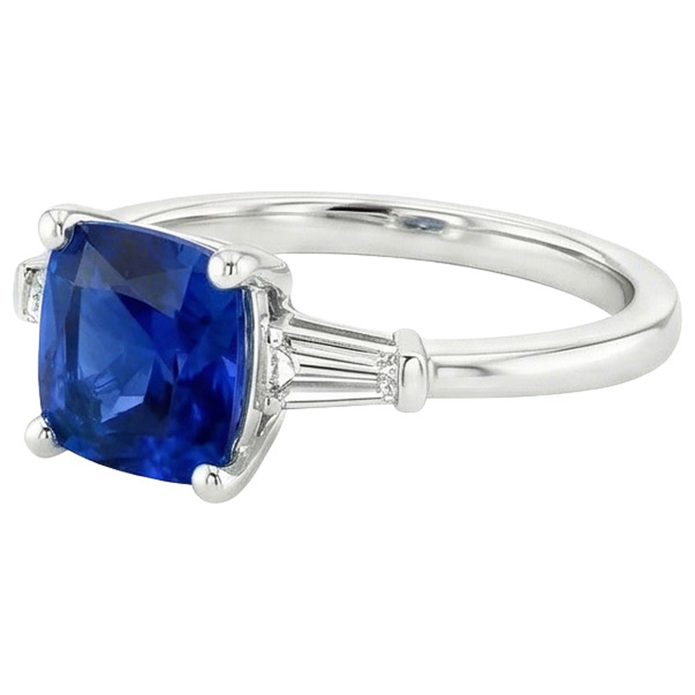 Blauer Kissen Saphir & Baguette Aus der Erde Abgebauter Natürlicher Diamanten 3 Stein Ring 2,75 Karat Neu